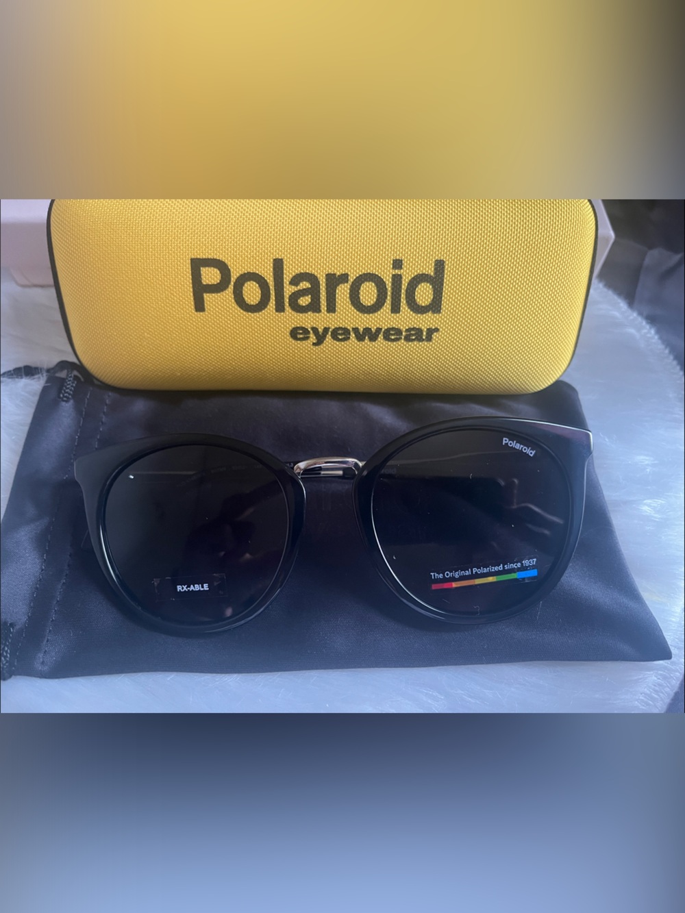 NWOT Polaroid Black Sunglasses with Yellow Hard Case And Black Soft Bag